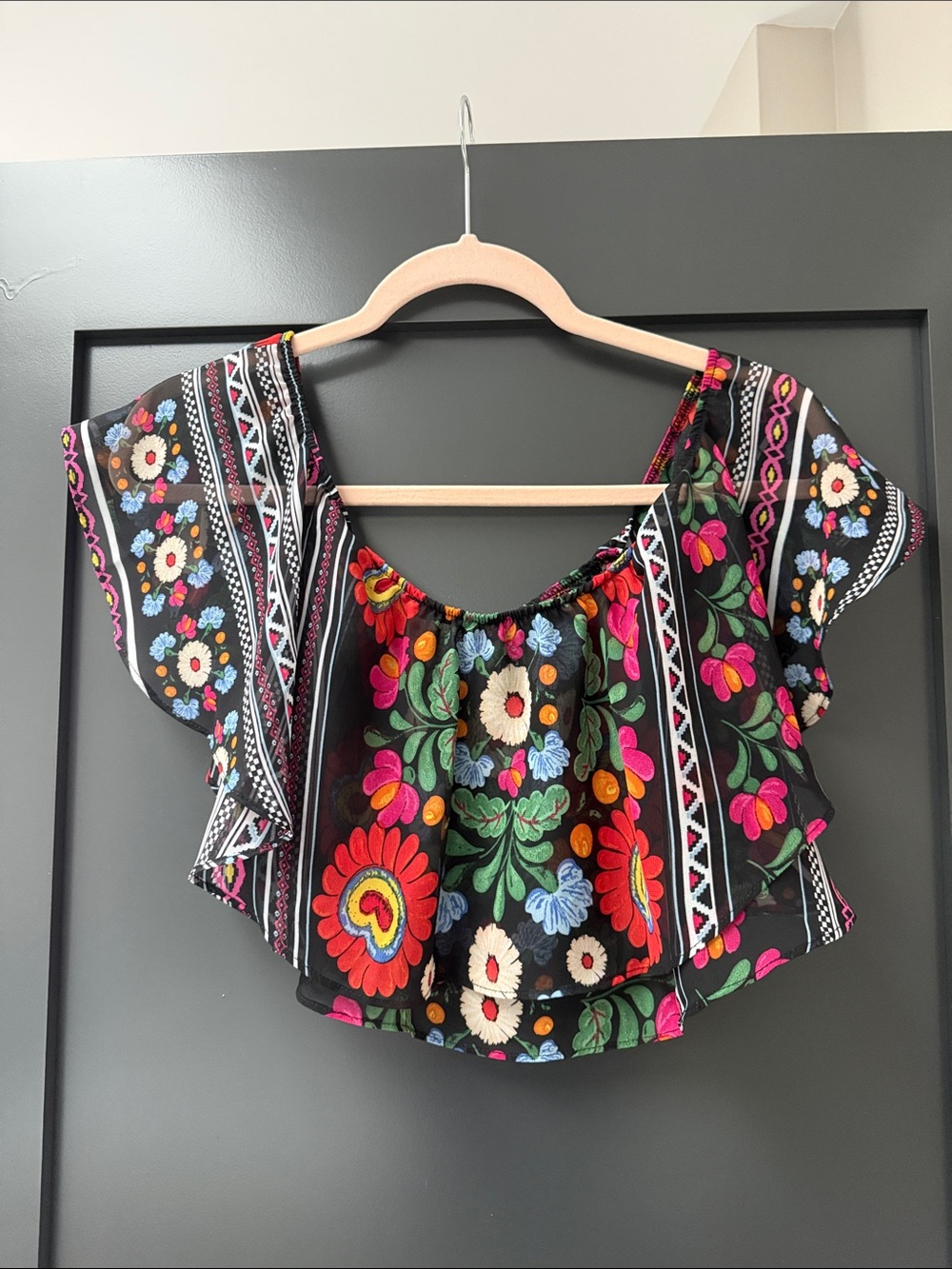 Show Me Your MuMu Black Floral Embroidered Off-Shoulder Crop Top